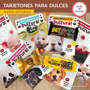 Colección de tarjetones de mascotas para regalar chocolates en la Semana de la Dulzura