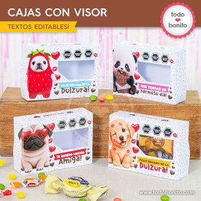 Cajas con visor imprimibles de mascotas para regalar golosinas en la Semana de la Dulzura