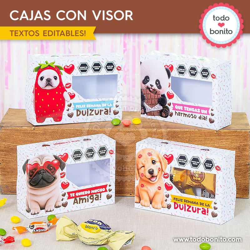 Cajas con visor imprimibles de mascotas para regalar golosinas en la Semana de la Dulzura