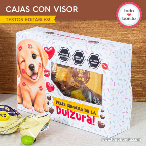 Caja con visor y perrito tierno para regalar golosinas