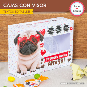 Caja imprimible con perrito de anteojos y frase para una amiga