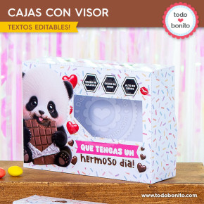 Caja imprimible con panda y visor para chocolates de la Semana de la Dulzura