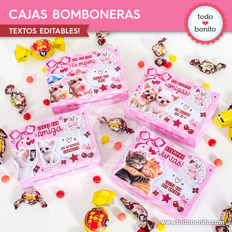Cajas bomboneras imprimibles Día del Amigo pink collage con textos editables y 4 modelos para regalar dulces