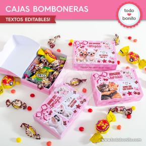 Cajas bomboneras Día del Amigo pink collage abiertas y armadas con golosinas, listas para imprimir y regalar