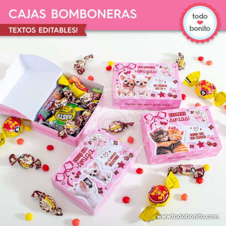 Cajas bomboneras imprimibles Día del Amigo pink collage con textos editables y 4 modelos para regalar dulces