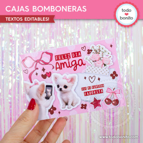 Caja bombonera imprimible Día del Amigo con perritos blancos, diseño pink collage y frase para amiga favorita