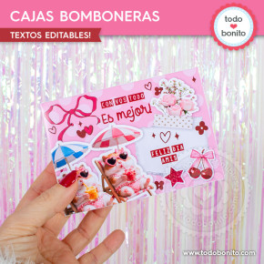 Caja bombonera pink collage para Día del Amigo con hámsters en reposera y textos editables para amigas