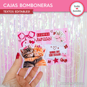 Caja bombonera imprimible Día del Amigo con gatitos abrazados, moños, corazones y estilo pink collage