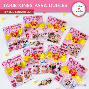 Tarjetones imprimibles para golosinas Día del Amigo pink collage con textos editables y 8 modelos