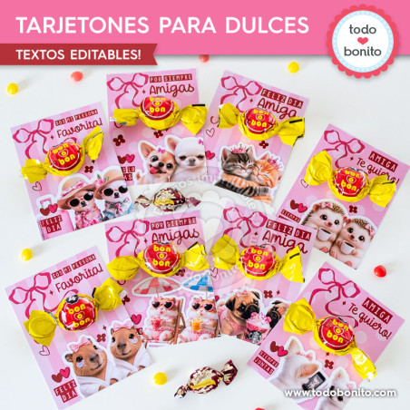 Tarjetones imprimibles para golosinas Día del Amigo pink collage con textos editables y 8 modelos