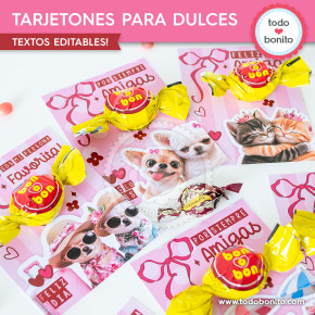 Tarjetones para Bon o Bon Día del Amigo con diseño pink collage, animalitos tiernos y frases editables