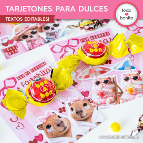 Detalle de tarjetones imprimibles Día del Amigo para regalar golosinas con estilo pink collage