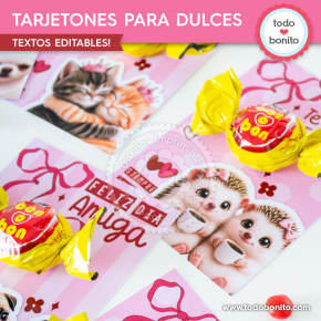 Tarjetones para Bon o Bon Día del Amigo con diseño pink collage, animalitos tiernos y frases editables