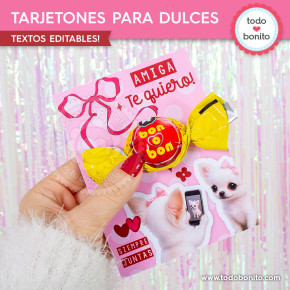 Tarjetón imprimible Día del Amigo con perritos blancos, frase amiga te quiero y golosina Bon o Bon
