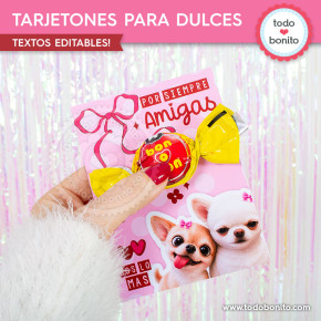 Tarjetón imprimible para amigas con perritos chihuahua, Bon o Bon y estética rosa pink collage