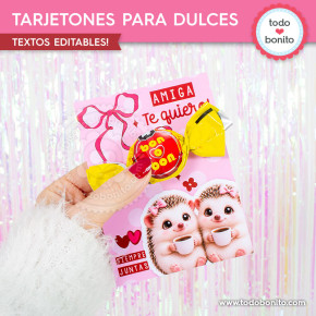 Tarjetón imprimible amiga te quiero con erizos tiernos y diseño pink collage para regalar dulces