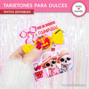 Tarjetón para golosinas Día del Amigo con perritos de verano y frase sos mi persona favorita