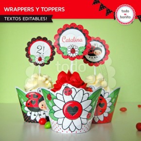 Ladybug rojo: wrappers y toppers para cupcakes