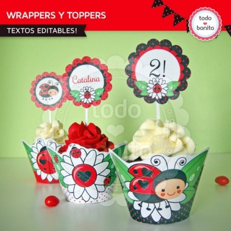 Ladybug rojo: wrappers y toppers para cupcakes