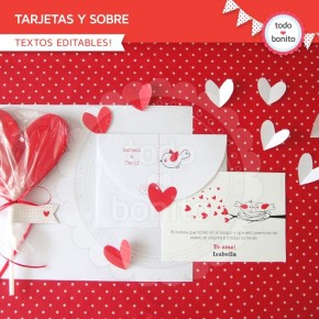 Corazones y pajaritos: tarjetas, papel carta y sobre