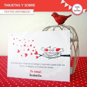 Corazones y pajaritos: tarjetas, papel carta y sobre