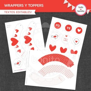 Corazones y pajaritos: wrappers y toppers para cupcakes