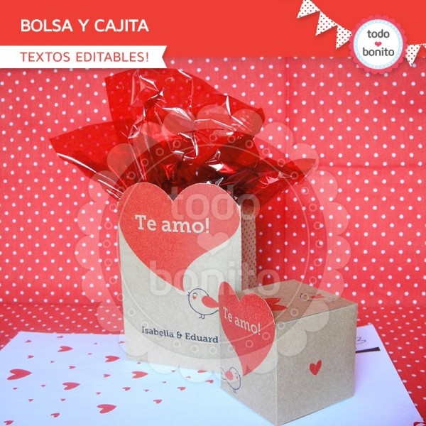 Corazones y pajaritos: bolsa y cajita