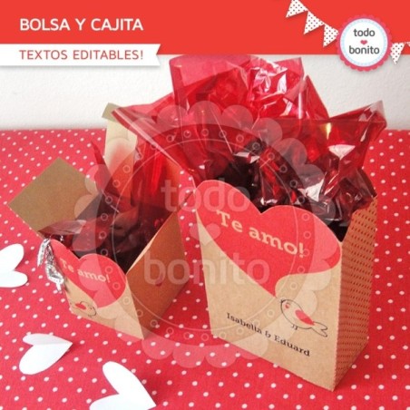 Corazones y pajaritos: bolsa y cajita