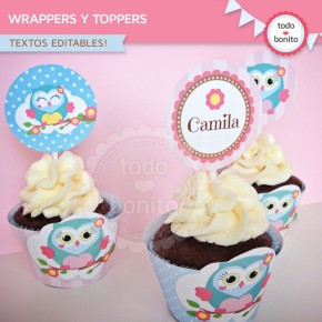 Búhos rosa: wrappers y toppers