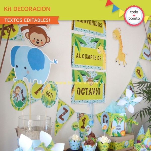 Decoración de fiesta infantil con globos de animales de la selva