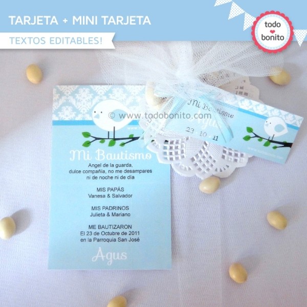 Pajarito bebé celeste:  tarjeta + mini tarjeta