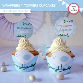 Pajarito bebé celeste: wrappers y toppers