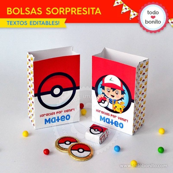 Pack 12 Bolsas Personalizada Pokemon Caritas Cumpleaños