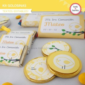Pajarito amarillo: kit etiquetas de golosinas