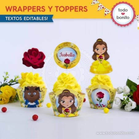 La Bella y la Bestia: wrappers y toppers para cupcakes