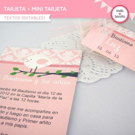 Pajarito rosa:  tarjeta + mini tarjeta