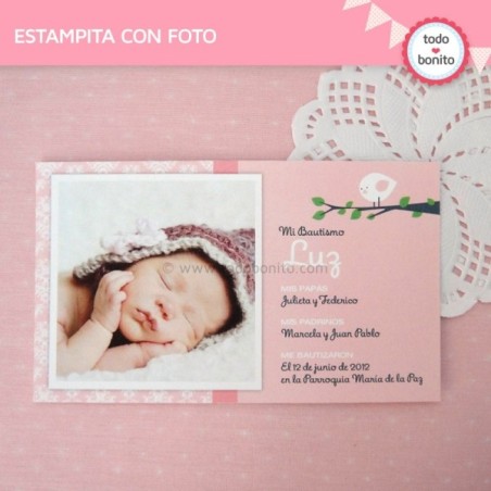 Pajarito rosa: estampita con foto