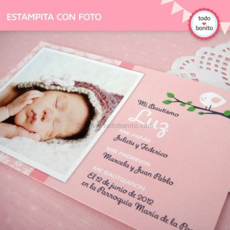 Pajarito rosa: estampita con foto