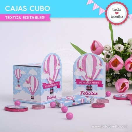 Globos aerostáticos rosa: cajitas cubo