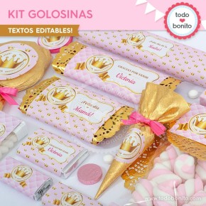 Coronita rosa: kit etiquetas de golosinas