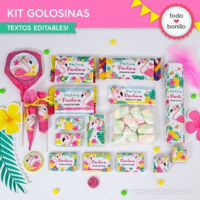 Flamencos y ananá: kit etiquetas de golosinas