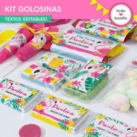 Flamencos y ananá: kit etiquetas de golosinas