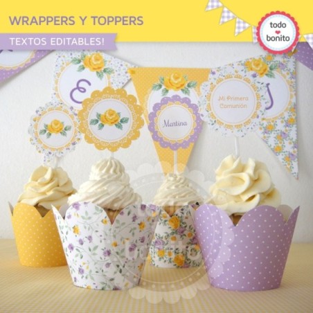 Shabby Chic violeta y amarillo: wrappers y toppers