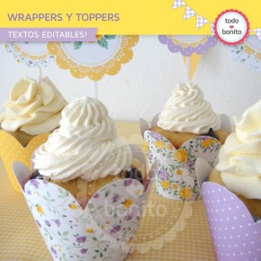 Shabby Chic violeta y amarillo: wrappers y toppers