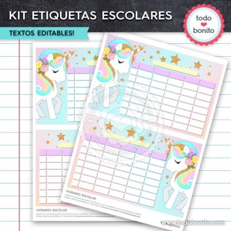 Unicornio: Kit imprimible etiquetas escolares