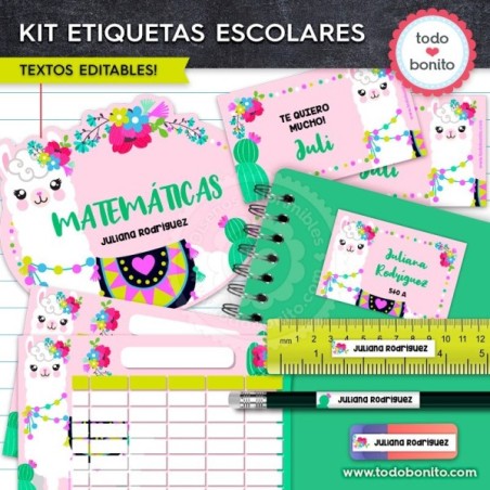 Llamitas: Kit imprimible etiquetas escolares