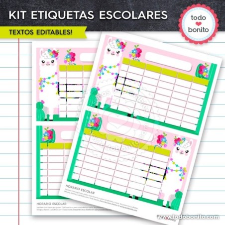 Llamitas: Kit imprimible etiquetas escolares