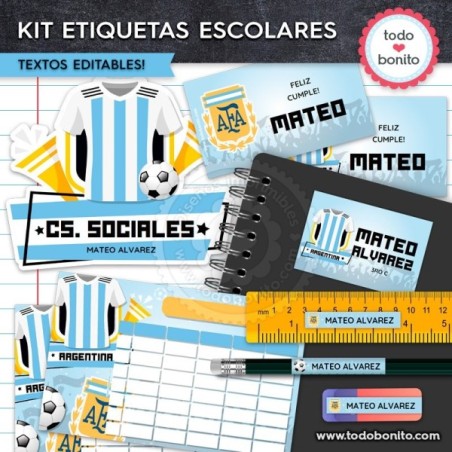 Fútbol Argentina: Kit imprimible etiquetas escolares