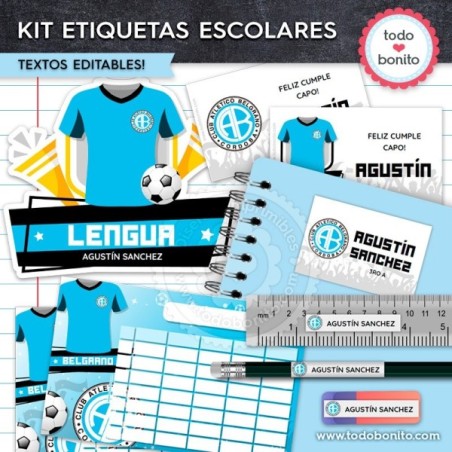 Fútbol Belgrano: Kit imprimible etiquetas escolares