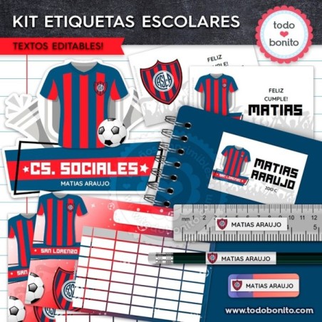 Fútbol San Lorenzo: Kit imprimible etiquetas escolares